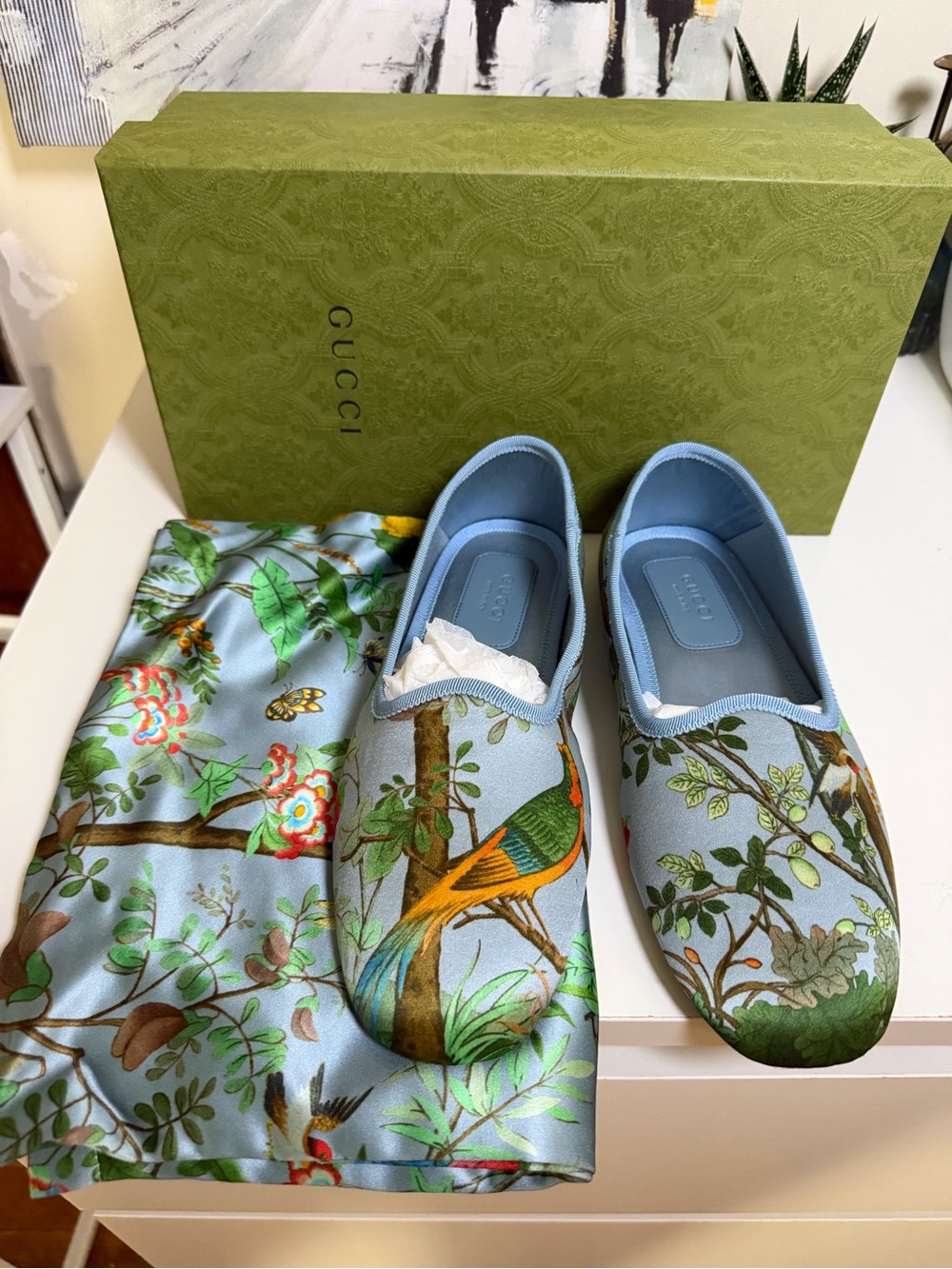 Gucci Sky Blue Silk Bird-Print Slip-Ons